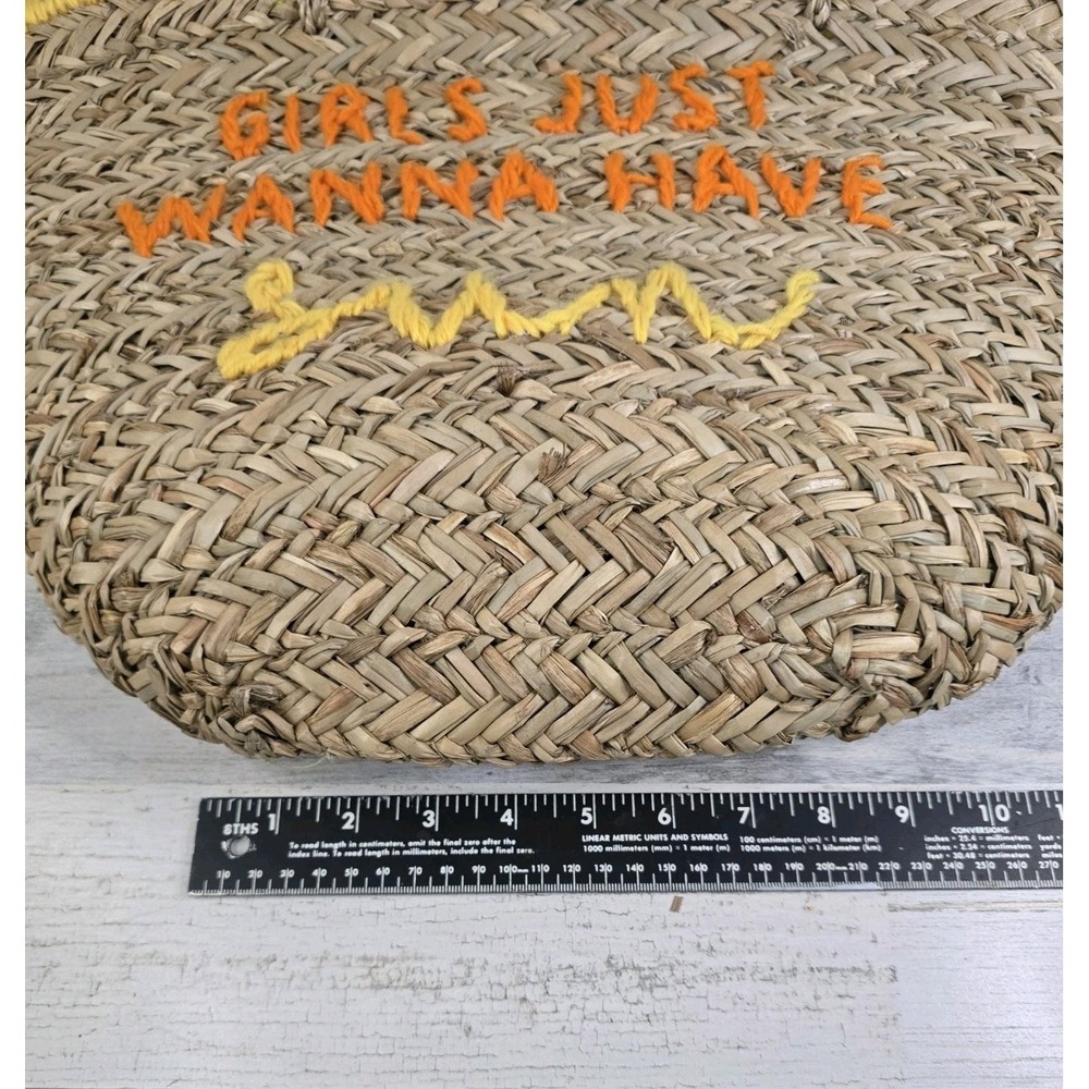 Girls Just Wanna Have Sun Straw Woven Tote Beach Market Bag Yellow Orange Trim - Picture 4 of 6